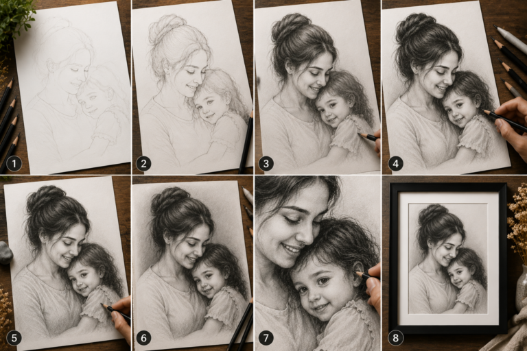 how handmade pencil portraits are created step by step